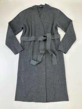 Knix Charcoal Grey Rib Knit Long Belted Cardigan Sweater Med Cotton Wool Blend